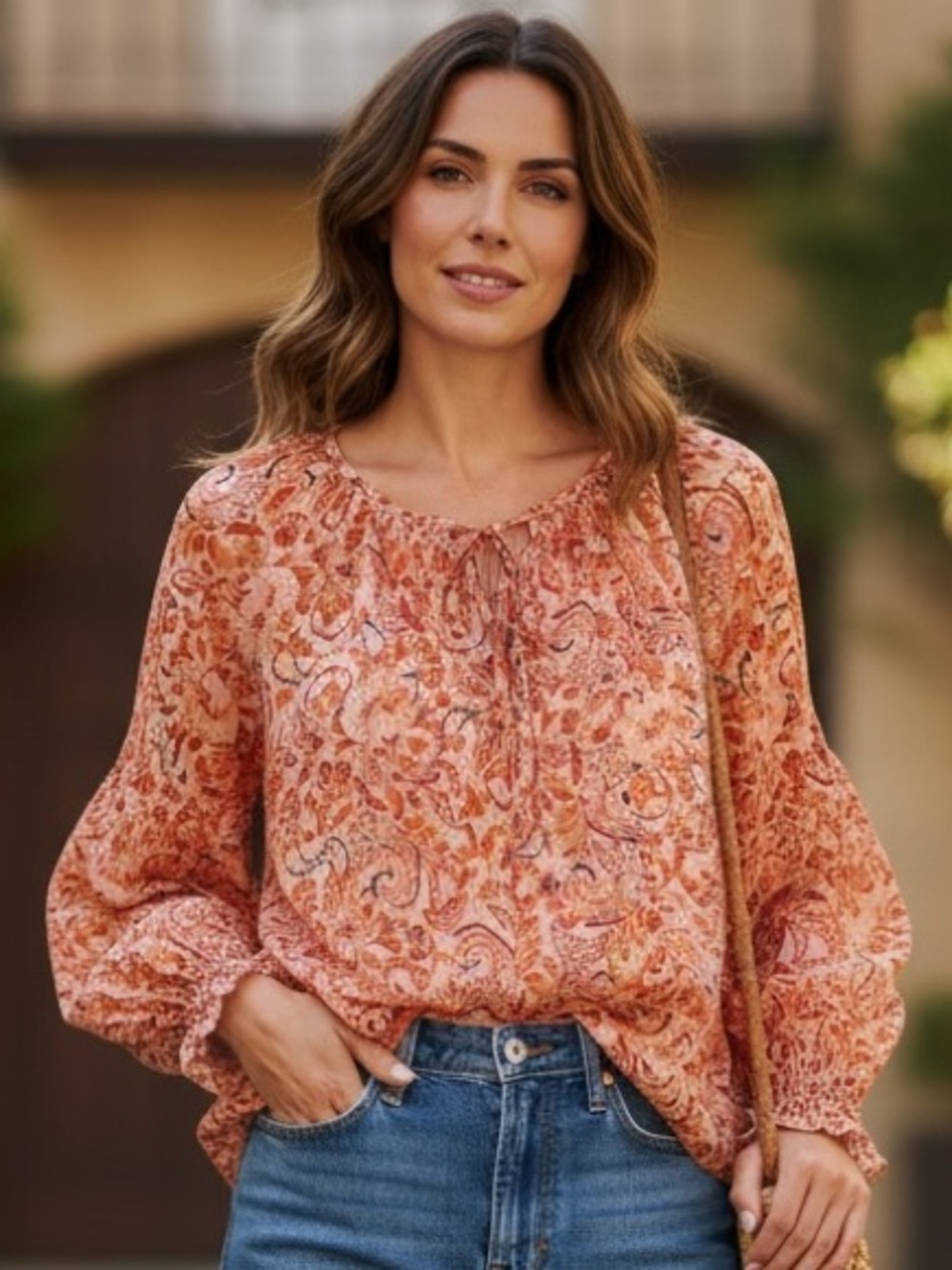 NEW Sam Edelman Women Long Sleeve Top Sheer Flowy Orange Floral Tie-Neck Blouse
